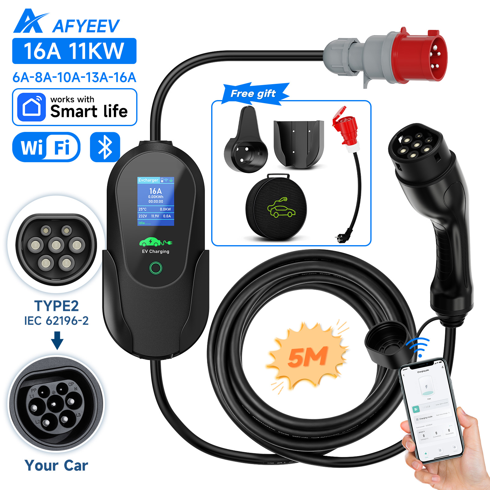 Type 2 Portable Ev Charger 11Kw Cee - AFYEEV pengisi daya mobil portabel tipe